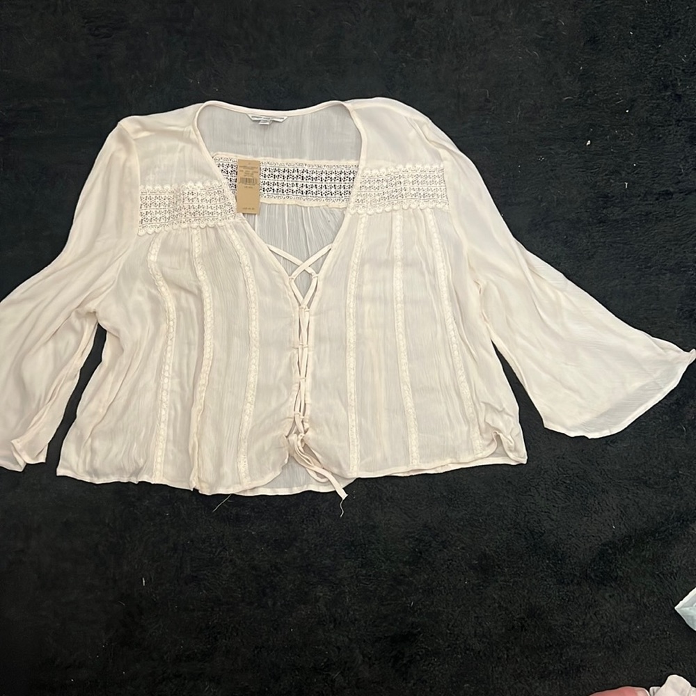 American Eagle Outfitters Cream Lace-Up Peasant Blouse